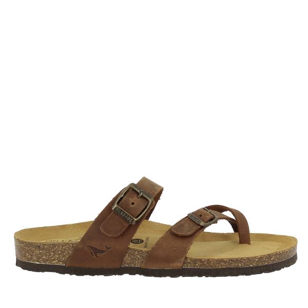 A sleek side view of the Plakton 181032 Oak Thong Sandal, showcasing its rich oak leather upper and the 3cm cork heel-platform. The sandal's elegant toe loop and cross strap design are highlighted, reflecting a sophisticated yet modern style.