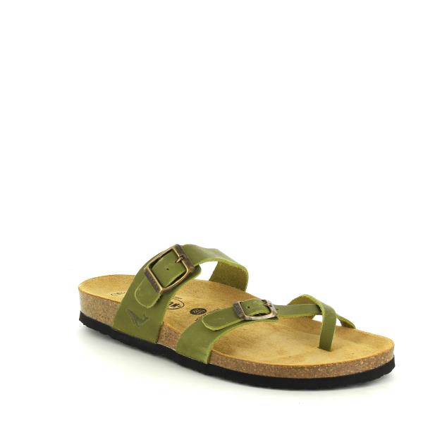 Highlight the stylish design of the sandals with a dynamic angle, emphasizing the comfortable cork sole and round toe shape.