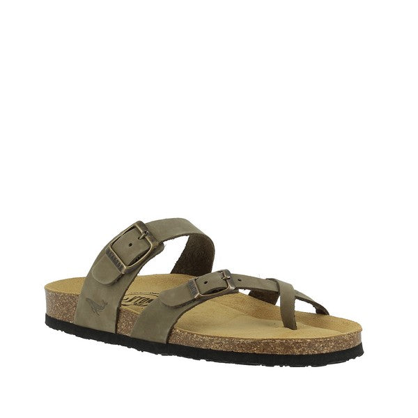 Highlight the stylish design of Plakton's 181032 Khaki Thong Sandals from an angle, emphasizing the toe loop and cross strap details.