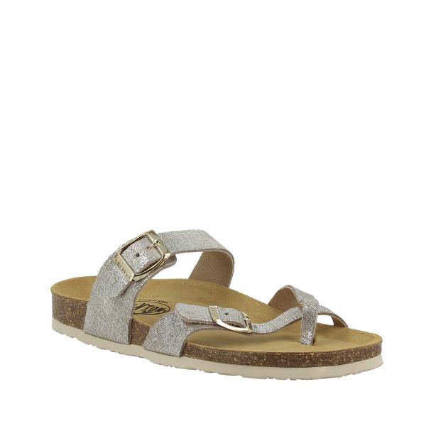 An angled shot of the sandal, capturing its stylish round toe shape and the adjustable instep strap. The combination of silver leather and cork creates a chic, contemporary look perfect for any casual or smart outfit.