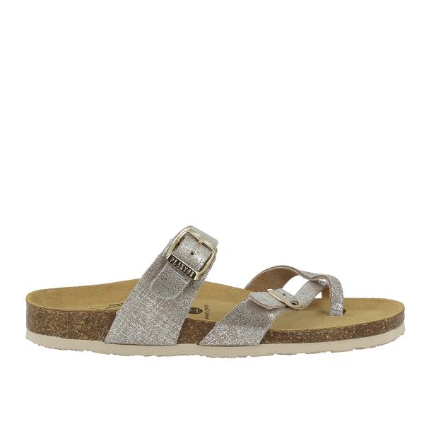 A sleek side view of the Plakton 181032 Silver Thong Sandal, showcasing its premium silver leather upper and the 3cm cork heel-platform. The sandal's elegant toe loop and cross strap design are highlighted, reflecting a sophisticated yet modern style.