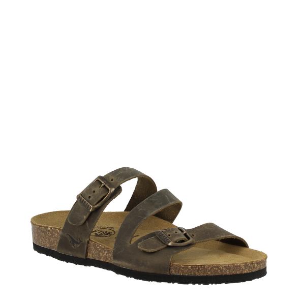 An angled shot capturing the round toe shape and the adjustable instep strap of the sandal. Crafted in Spain, it combines luxurious leather with Memory Cushion Technology for enhanced comfort and support.