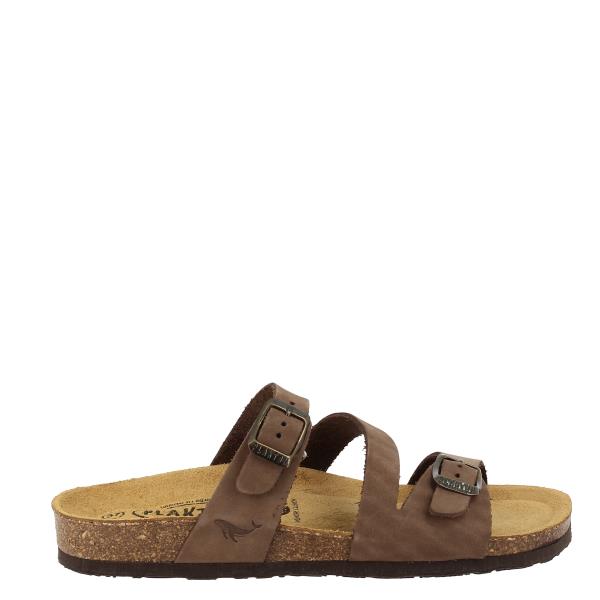 A side view of Plakton's 181210 Brown Sandals showcasing the premium leather upper and the 2.5cm cork heel-platform. The elegant cross strap design adds sophistication to its versatile brown hue.