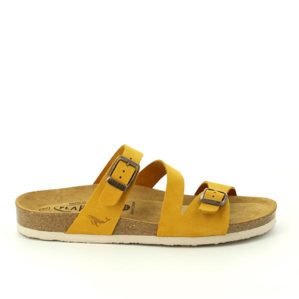 A side view showcasing Plakton's 181210 Yellow Sandals, highlighting the smooth leather upper and the 2.5cm cork heel-platform. The vibrant yellow color and elegant cross strap design add a stylish touch to any outfit.