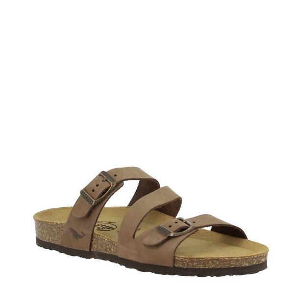 An angled shot capturing the round toe shape and the adjustable instep strap of the sandal. Crafted in Spain, it combines luxurious leather with Memory Cushion Technology for superior comfort and support.