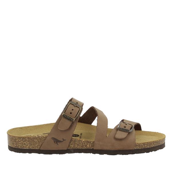 A side view showcasing Plakton's 181210 Mocha Sandals, highlighting the rich leather upper and the 2.5cm cork heel-platform. The elegant cross strap design in a warm mocha shade enhances its sophisticated look.
