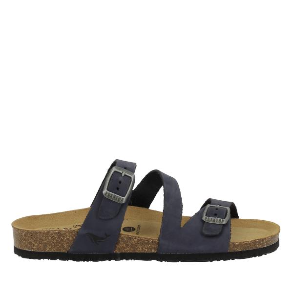 A side view showcasing Plakton's 181210 Navy Sandals, highlighting the sleek leather upper and the 2.5cm cork heel-platform. The sandal's elegant cross strap design adds sophistication to its versatile navy hue.