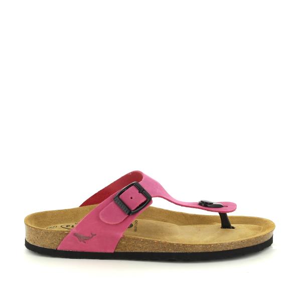 A side view of Plakton's 181671 Azalea Fucsia Sandals, showcasing the premium leather upper and the 2.5cm cork heel-platform. The vibrant fuchsia color and sleek design highlight the sandal's stylish appeal.