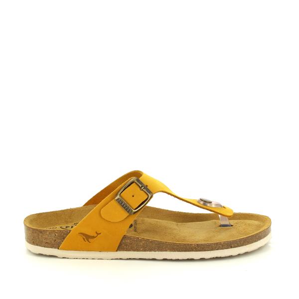 Capture the sleek profile of Plakton's 181671 Yellow Thong Sandals, highlighting the smooth leather upper and cork sole, a perfect fusion of style and sustainability.