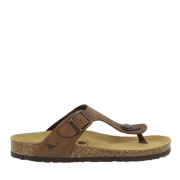 Capture the sleek profile of Plakton's 181671 Mocha Thong Sandals, highlighting the rich leather upper and cork sole, symbolizing timeless elegance and sustainable craftsmanship.
