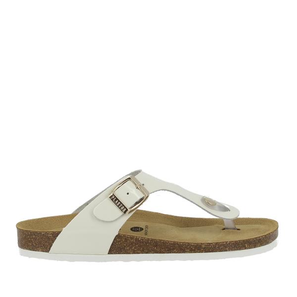 Capture the sleek profile and classic thong design of the Plakton 181671 White Sandals, highlighting the adjustable buckle and premium leather upper.