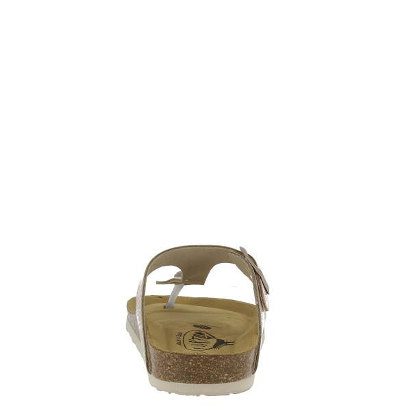 Focus on the back view of Plakton's 181671 Metallic Pink Thong Sandals, highlighting the 2.5cm heel-platform and durable construction, ideal for the modern woman seeking durability and refined style.