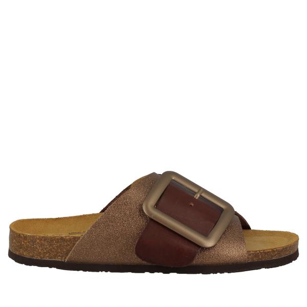 Capture the sleek profile of Plakton's 185964 Brown Slides, showcasing the premium leather upper, wide strap, and golden buckle detail against the natural cork sole.