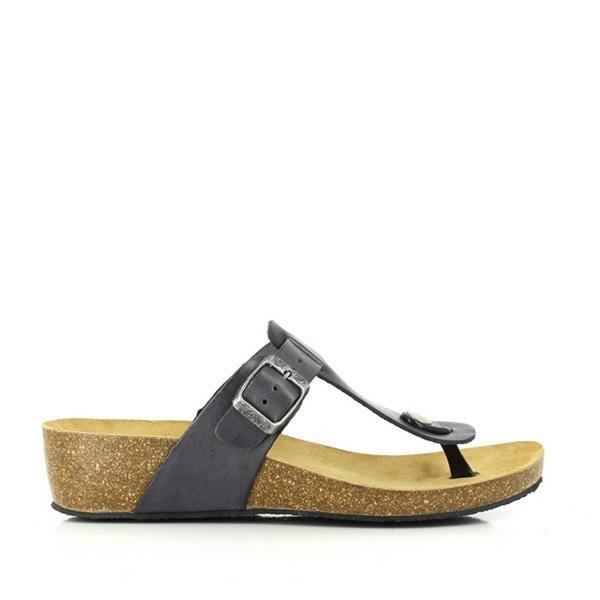 A detailed image showcasing the side profile of Plakton's 241665 Navy Thong Wedges. The navy leather upper and 4cm cork wedge heel are prominently displayed, emphasizing both style and comfort.