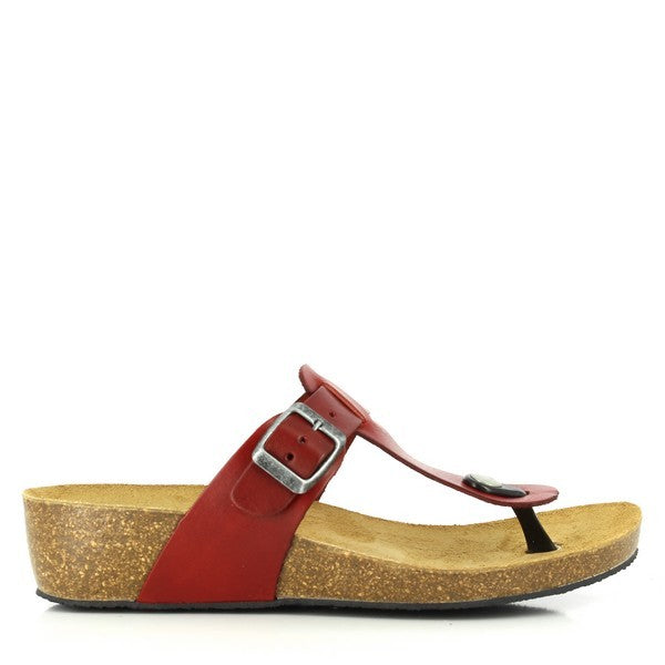 A detailed side view showcasing the sleek red leather upper and the variable height cork wedge sole of Plakton's 241665 Red Thong Wedges. This angle highlights the sandals' elegant design and comfortable heel options.