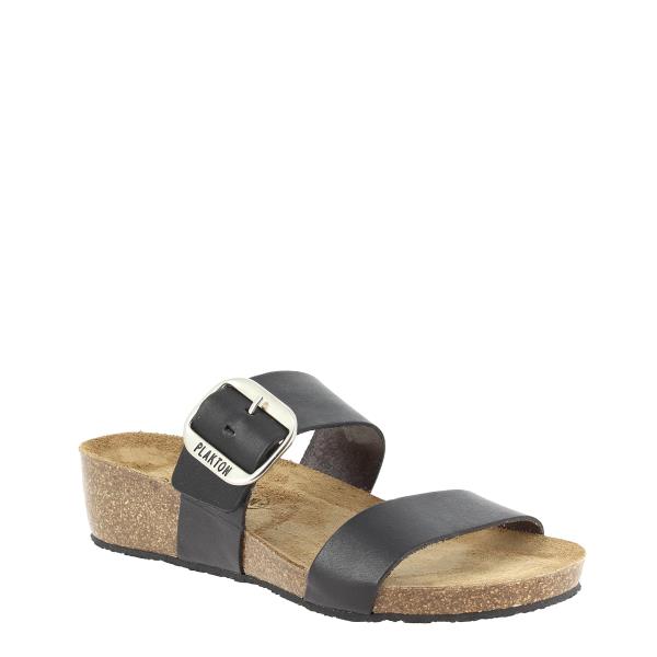 Show Plakton's 243004 Grey Low Heel Wedges from a stylish angle, emphasizing the elegant grey leather and the adjustable golden buckle. This perspective highlights the sandals' modern sophistication and comfort-focused design.