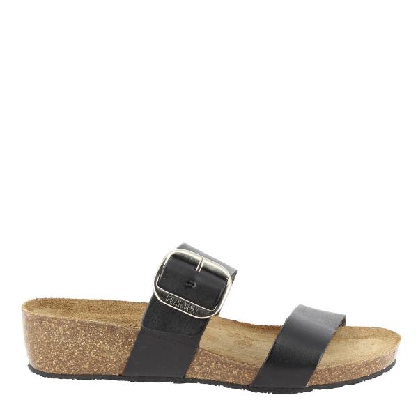 Capture the side profile of Plakton's 243004 Grey Low Heel Wedges, highlighting the smooth grey leather upper and the subtle 4cm heel. This angle showcases the sandals' streamlined design and versatile appeal.