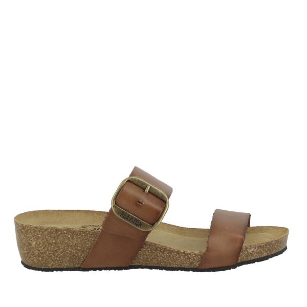 Capture the sleek profile of Plakton's 243004 Brown Low Heel Wedges, showcasing the elegant brown leather upper and the adjustable golden buckle for a secure fit, perfect for versatile smart-casual styling.