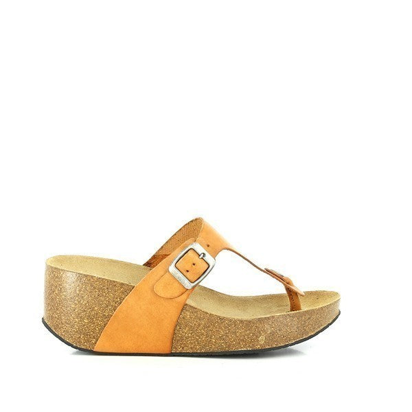 A close-up image showcasing the side view of Plakton's 271672 Yellow Thong Wedges Sandals. The bright yellow leather upper contrasts beautifully with the natural cork sole, which provides both height and comfort. The adjustable buckle strap is visible, ensuring a customizable fit.