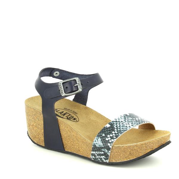 Highlight the stylish details of Plakton's 273023 Navy Snake Print Wedges, emphasizing the round toe shape, intricate snake print pattern, and adjustable buckle. These versatile wedges elevate any smart-casual outfit effortlessly.