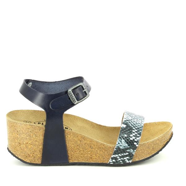 Showcase the elegant profile of Plakton's 273023 Navy Snake Print Wedges, highlighting the sleek navy snake print leather upper and eco-friendly cork sole. Perfect for adding sophistication and comfort to your ensemble.