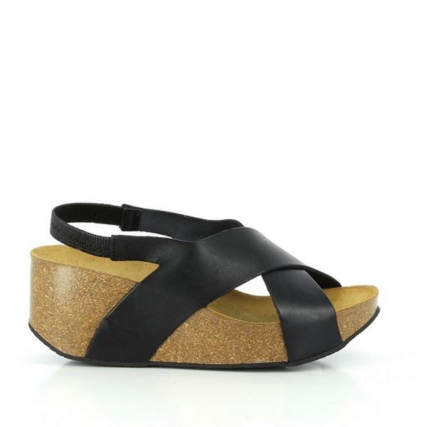 Capture the sleek profile of Plakton's 275027 Coal Cross-Strap Wedges, showcasing the elegant curve of the leather upper and the subtle sheen of the cork sole.