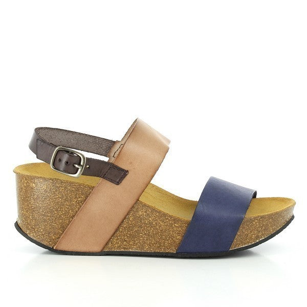 A side view of Plakton's 275028 Blue & Tan Wedges showcasing the sleek leather upper and contoured cork sole. The double strap and adjustable buckle at the ankle are clearly visible, highlighting the shoe's stylish design.