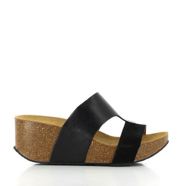 A sleek profile of Plakton's 275171 Black Leather Wedges showcasing smooth, premium leather construction with an adjustable strap and silver buckle detail.