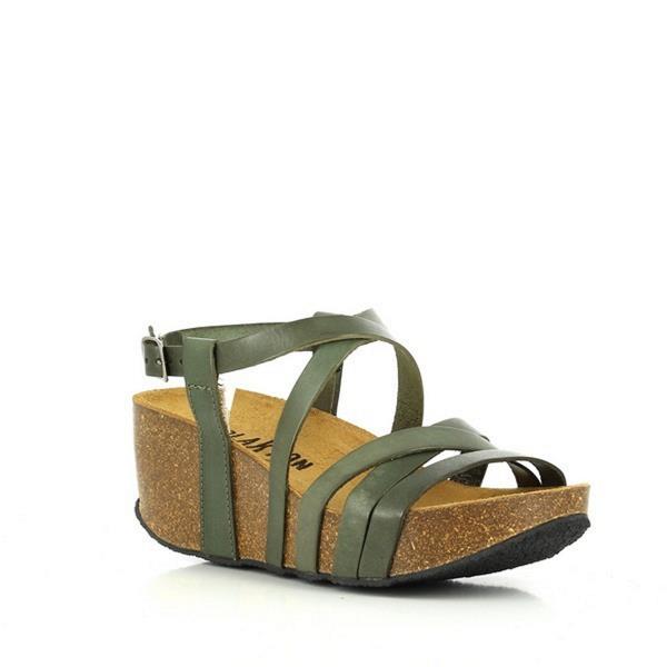 Plakton's 275174 Musk Multi-Strap Wedges captured from an elegant angle, showcasing the round toe shape and the comfortable cork sole for all-day wear.