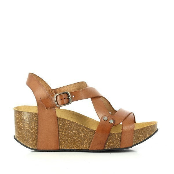 A side profile of Plakton's 275311 Tan Cross-Strap Slingback Wedges, showcasing the smooth tan leather and elegant cross-strap detail.