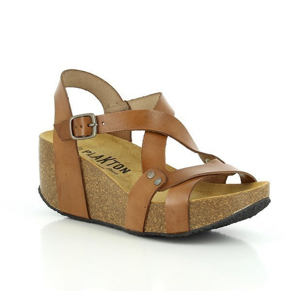 Plakton's 275311 Desert Cross-Strap Slingback Wedges captured from a stylish angle, showcasing the rounded toe shape and the sturdy cork sole.