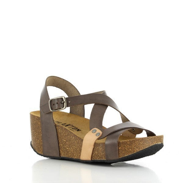 A detailed side view of Plakton's 275311 Grey & Tan Cross-Strap Slingback Wedges, showcasing the elegant cross-strap design and premium leather upper in shades of grey and tan.