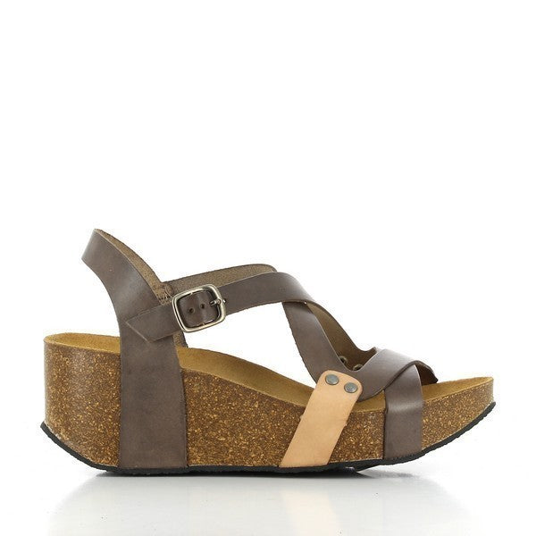 A detailed side view of Plakton's 275311 Grey & Tan Cross-Strap Slingback Wedges, showcasing the elegant cross-strap design and premium leather upper in shades of grey and tan.