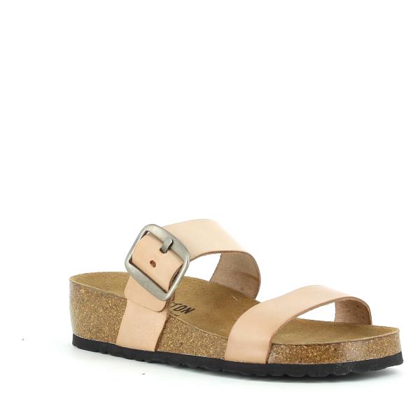 Angled view of Plakton's 323004 Nude Double Strap Sandals, highlighting the sleek design, premium leather, and comfortable cork sole with synthetic details.