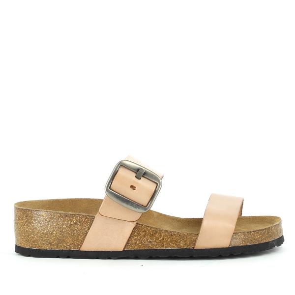 Side view of Plakton's 323004 Nude Double Strap Sandals, showcasing the premium nude leather upper and double adjustable buckles, with a 2.5cm cork heel-platform for added comfort and style.