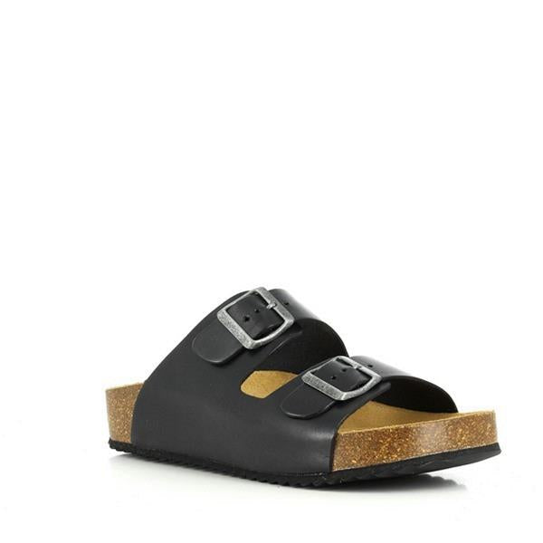 Embrace comfort and style with Plakton's Black Leather Double Strap Sandals. Made in Spain, these eco-friendly sandals showcase an angled view that highlights the cork sole and adjustable buckles, perfect for versatile wear.