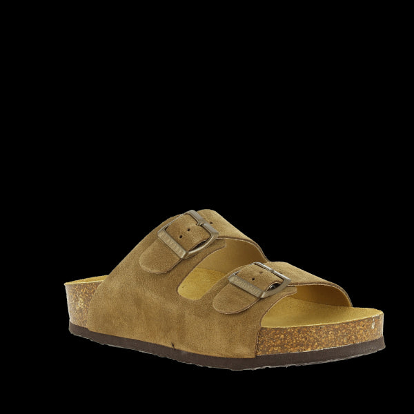 Embrace comfort and style with Plakton's 340010 Beige Double Strap Sandals. Made in Spain, these eco-friendly sandals showcase an angled view that highlights the cork sole and adjustable buckles, perfect for versatile wear.