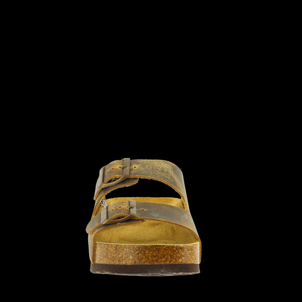 Front view of Plakton's 340010 Beige Double Strap Sandals, displaying the smooth beige leather finish and the sturdy cork heel-platform for stability and style.