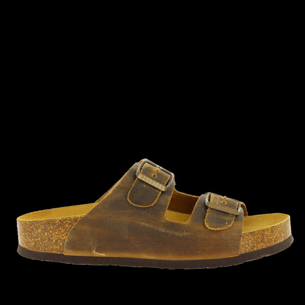Side view of Plakton's 340010 Beige Double Strap Sandals, highlighting the premium beige leather upper and the 2.5cm cork heel-platform for added comfort and style.
