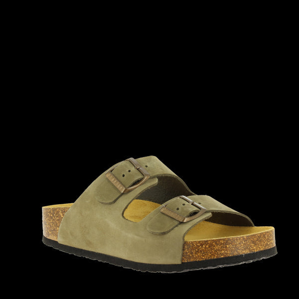 Embrace comfort and style with Plakton's 340010 Khaki Double Strap Sandals. Made in Spain, these eco-friendly sandals showcase a sophisticated angle that highlights the cork sole and adjustable buckles, perfect for everyday wear.