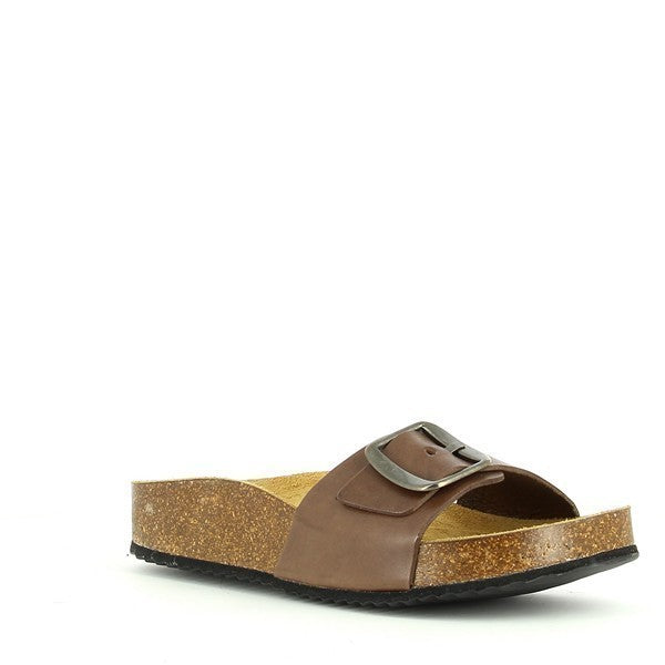 An angled shot highlighting the comfortable cork sole and stylish design details of the Plakton 341018 Light Brown Slides.