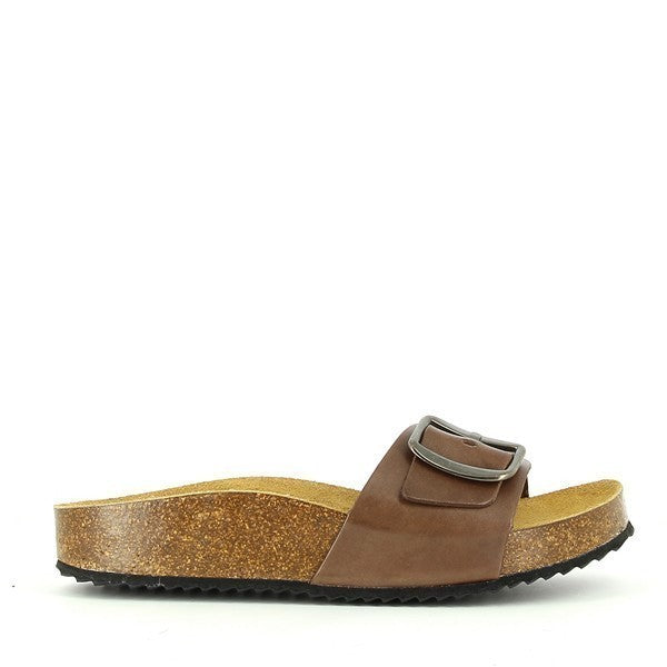 A profile shot showcasing the sleek leather upper and adjustable golden buckles of the Plakton 341018 Light Brown Slides.