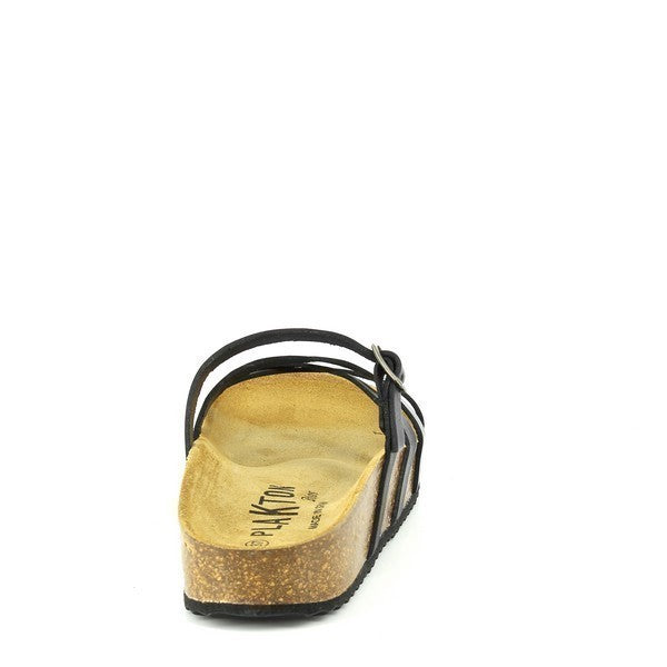 Admire the chic angle of the 341025 Black Multi-Strap Sandals by Plakton Shoes. With a cork sole and secure buckle detail, these women's sandals are perfect for everyday wear, combining fashion and functionality effortlessly.
