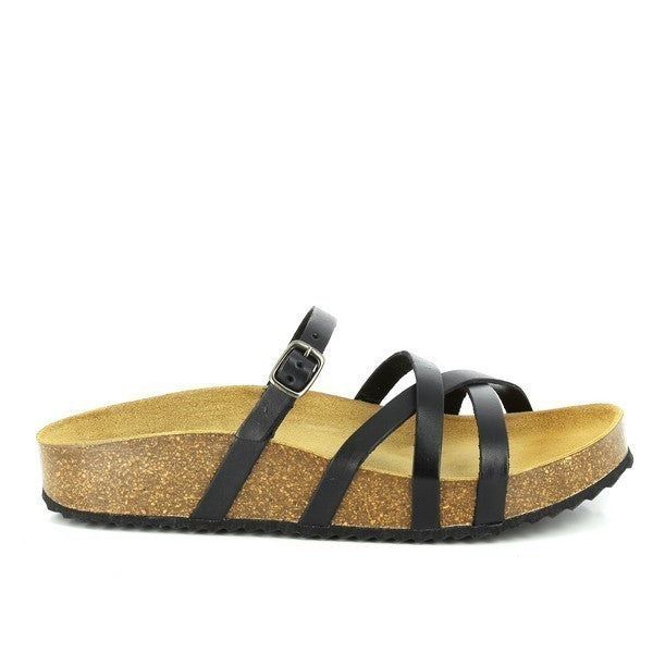 Explore the sleek side profile of the 341025 Black Multi-Strap Sandals by Plakton Shoes. Crafted with leather and featuring multiple stylish straps, these sandals offer a blend of comfort and elegance.