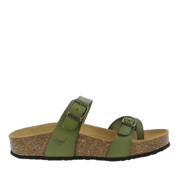 Explore the sleek side profile of Plakton's 341032 Malabo Green Thong Sandals. Crafted from premium leather with a cork sole, these sandals showcase a stylish and functional design perfect for everyday elegance.
