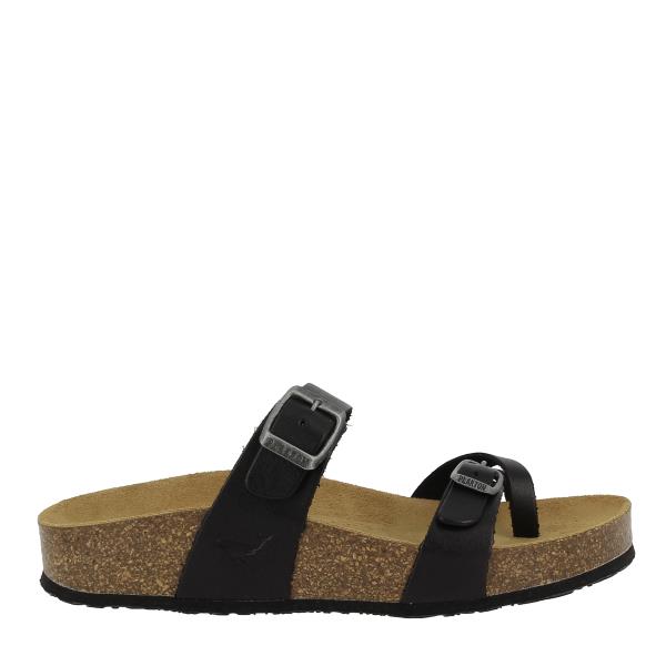 Explore the sleek side profile of Plakton's 341032 Black Thong Sandals. Crafted from premium leather with a cork sole, these sandals showcase a stylish and functional design perfect for everyday elegance.