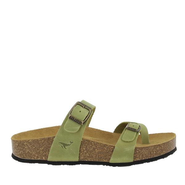 Explore the sleek side profile of Plakton's 341032 Pistachio Thong Sandals. Crafted from premium leather with a cork sole, these sandals showcase a stylish and functional design perfect for everyday elegance.