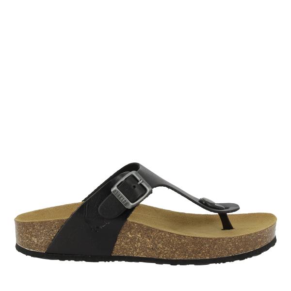 Capture the sleek profile of Plakton's 341671 Black Thong Sandals, showcasing the premium leather upper and cork sole, perfect for stylish everyday wear.