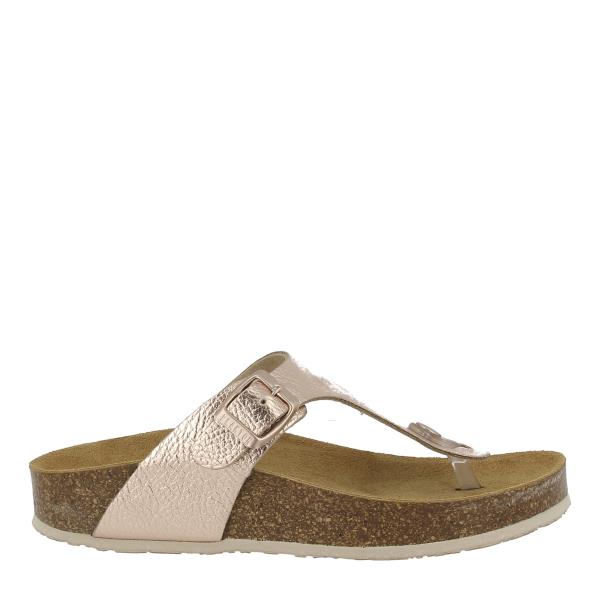 Capture the sleek profile of Plakton's 341671 Pink Thong Sandals, showcasing the premium leather upper and cork sole, perfect for adding a touch of elegance to any outfit.