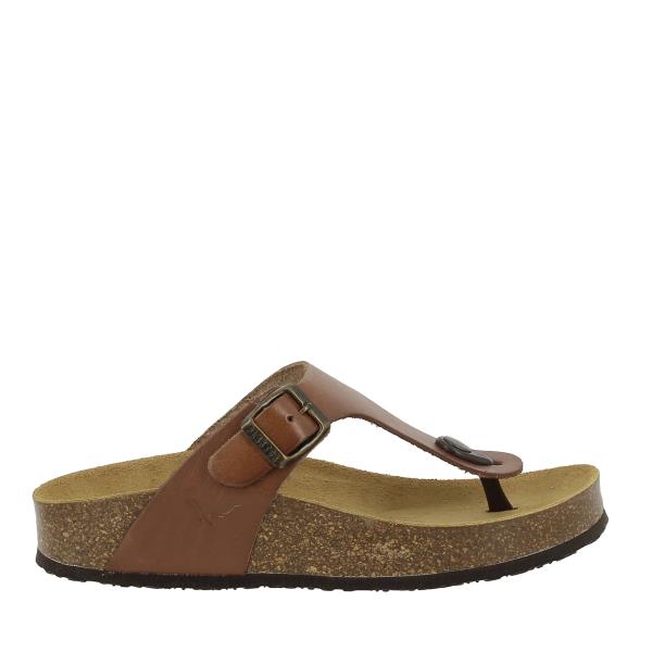 Capture the sleek profile of Plakton's 341671 Taupe Thong Sandals, highlighting the premium leather upper and cork sole, perfect for adding elegance to any ensemble.